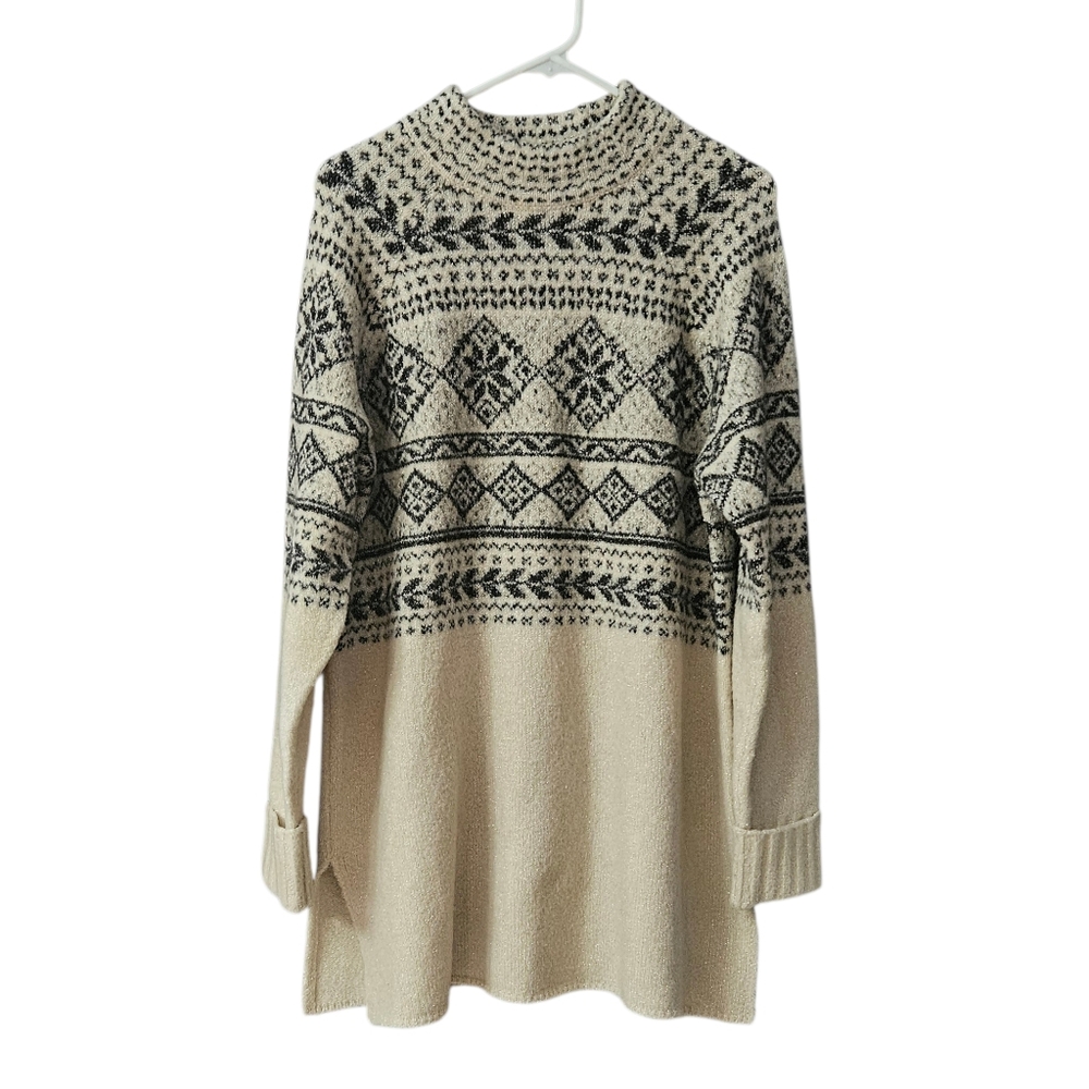 Style & Co. Fair Isle Tunic Sweater Women's XL Black Cream Metallic Threads